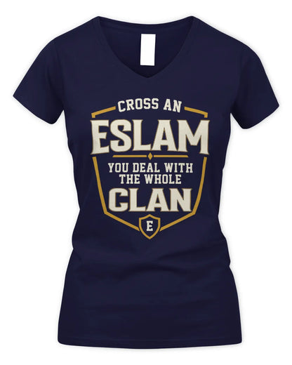 ESLAM NT1-K008 Cross A/An NAME, You Deal With the Whole Clan | Personalized Vintage T-Shirt - Women's V-Neck T-Shirt - Navy
