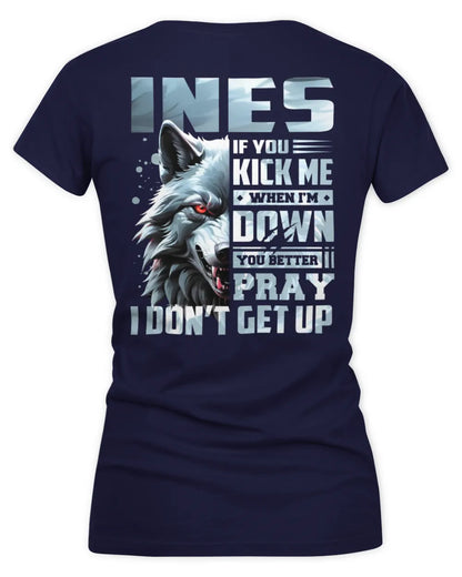 INES AP62-K4-666 - Personalized Fierce Wolf Quote Apparel “If You Kick Me When I’m Down, You Better Pray I Don’t Get Up” - Women's V-Neck T-Shirt - Navy