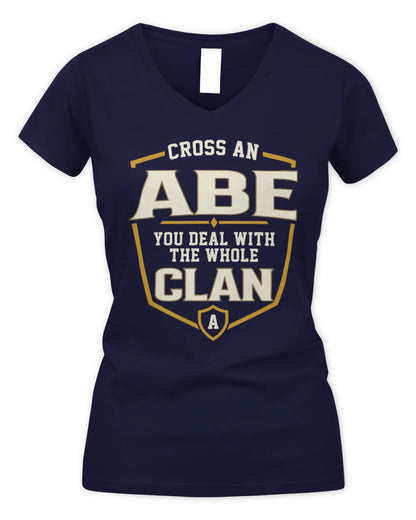 ABE NT1-K008 Cross A/An NAME, You Deal With the Whole Clan | Personalized Vintage T-Shirt - Women's V-Neck T-Shirt - Navy