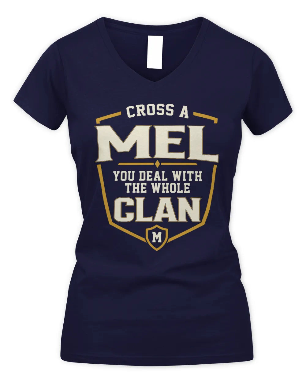 MEL NT1-K008 Cross A/An NAME, You Deal With the Whole Clan | Personalized Vintage T-Shirt - Women's V-Neck T-Shirt - Navy