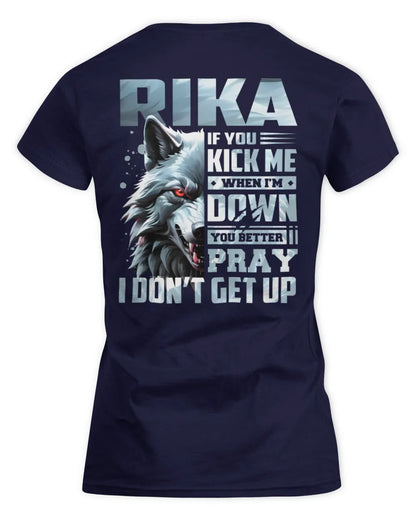 RIKA AP62-K4-666 - Personalized Fierce Wolf Quote Apparel “If You Kick Me When I’m Down, You Better Pray I Don’t Get Up” - Women's Standard T-Shirt - Navy
