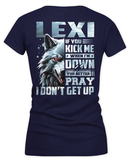 LEXI AP62-K4-666 - Personalized Fierce Wolf Quote Apparel “If You Kick Me When I’m Down, You Better Pray I Don’t Get Up” - Women's V-Neck T-Shirt - Navy