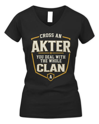 AKTER NT1-K008 Cross A/An NAME, You Deal With the Whole Clan | Personalized Vintage T-Shirt - Women's V-Neck T-Shirt - Black
