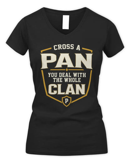 PAN NT1-K008 Cross A/An NAME, You Deal With the Whole Clan | Personalized Vintage T-Shirt - Women's V-Neck T-Shirt - Black