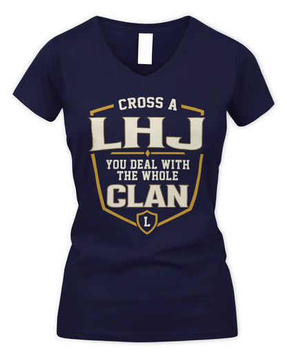 LHJ NT1-K008 Cross A/An NAME, You Deal With the Whole Clan | Personalized Vintage T-Shirt - Women's V-Neck T-Shirt - Navy