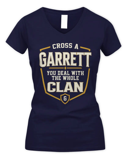 GARRETT NT1-K008 Cross A/An NAME, You Deal With the Whole Clan | Personalized Vintage T-Shirt - Women's V-Neck T-Shirt - Navy