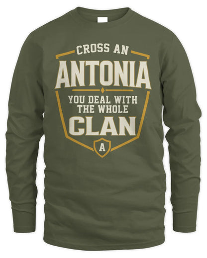 ANTONIA NT1-K008 Cross A/An NAME, You Deal With the Whole Clan | Personalized Vintage T-Shirt - Men's Long Sleeved T-Shirt - Military Green