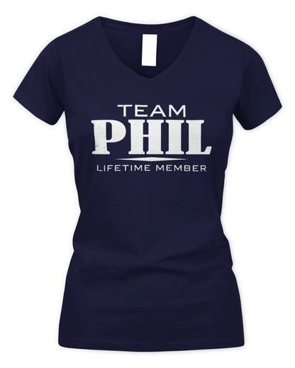 PHIL BL62-K4-128 - Personalized “Team NAME Lifetime Member” - Women's V-Neck T-Shirt - Navy