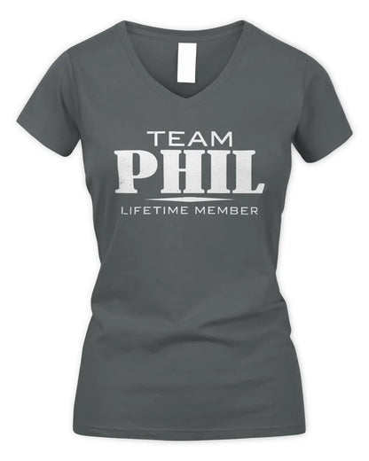 PHIL BL62-K4-128 - Personalized “Team NAME Lifetime Member” - Women's V-Neck T-Shirt - Charcoal