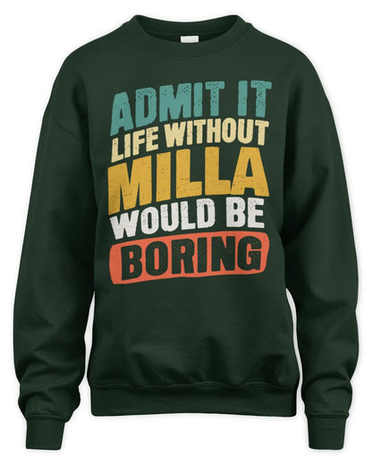 MILLA TP88-K4-229
Personalized Funny Quote Apparel “Life Without NAME Would Be Boring” - Unisex Sweatshirt - Forest Green