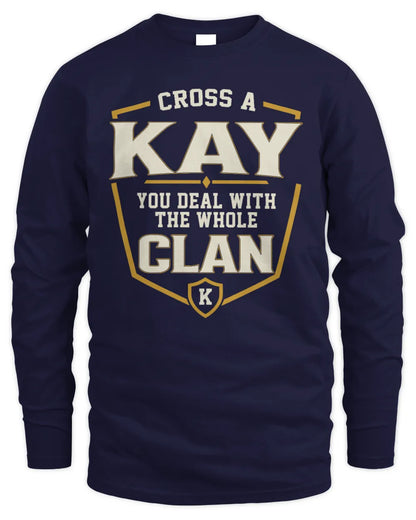 KAY NT1-K008 Cross A/An NAME, You Deal With the Whole Clan | Personalized Vintage T-Shirt - Men's Long Sleeved T-Shirt - Navy