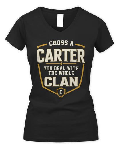 CARTER NT1-K008 Cross A/An NAME, You Deal With the Whole Clan | Personalized Vintage T-Shirt - Women's V-Neck T-Shirt - Black
