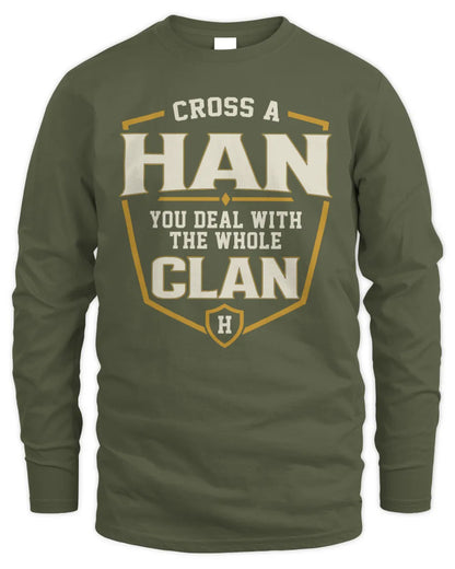 HAN NT1-K008 Cross A/An NAME, You Deal With the Whole Clan | Personalized Vintage T-Shirt - Men's Long Sleeved T-Shirt - Military Green
