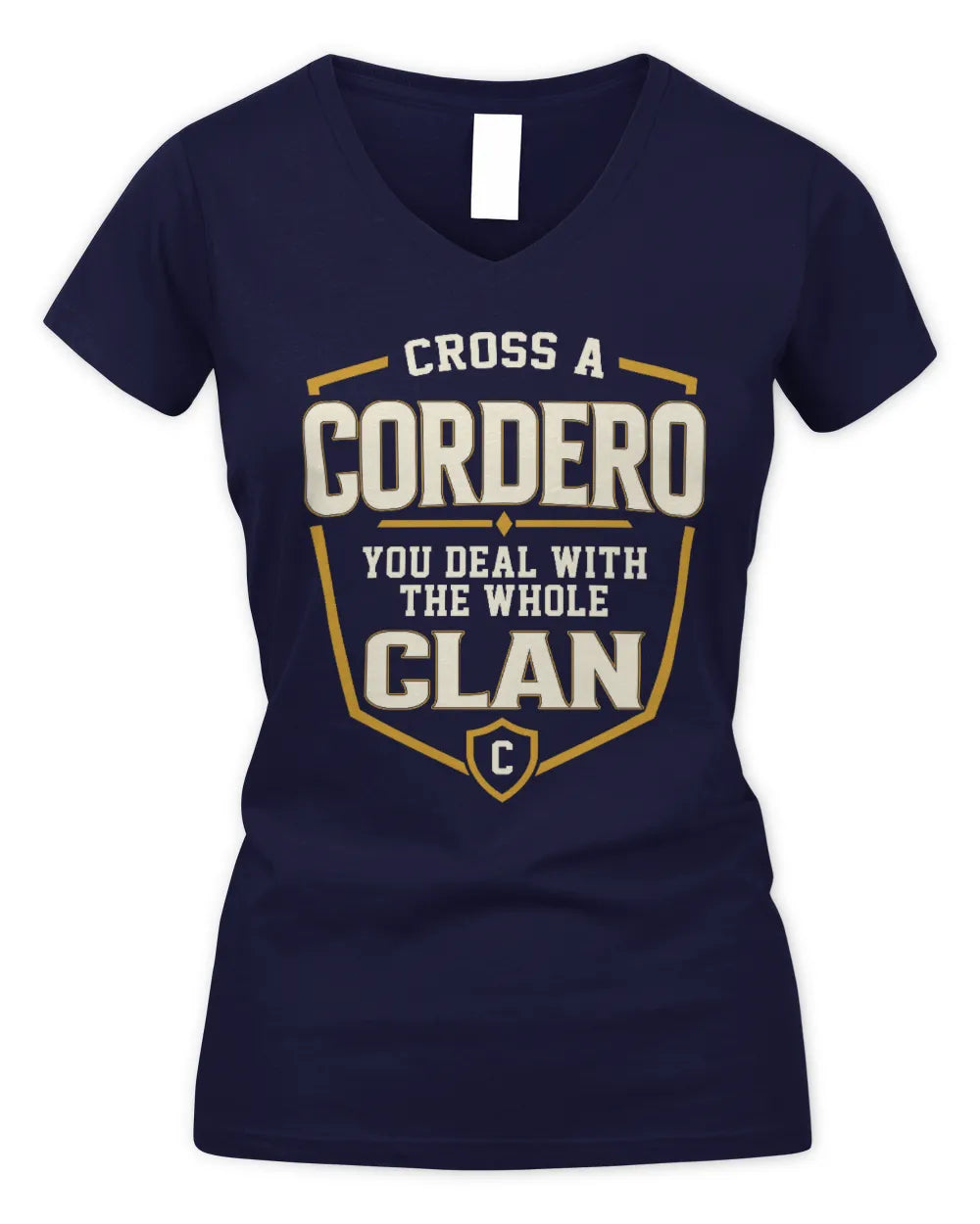 CORDERO NT1-K008 Cross A/An NAME, You Deal With the Whole Clan | Personalized Vintage T-Shirt - Women's V-Neck T-Shirt - Navy