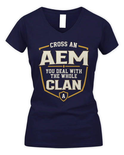 AEM NT1-K008 Cross A/An NAME, You Deal With the Whole Clan | Personalized Vintage T-Shirt - Women's V-Neck T-Shirt - Navy
