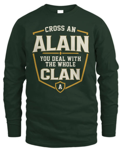 ALAIN NT1-K008 Cross A/An NAME, You Deal With the Whole Clan | Personalized Vintage T-Shirt - Men's Long Sleeved T-Shirt - Forest Green