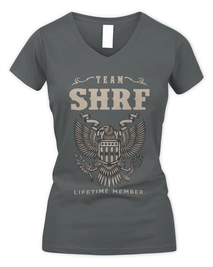 SHRF TP06-K82 – Personalized Classic Style Apparel “Team NAME Lifetime Member” - Women's V-Neck T-Shirt - Charcoal