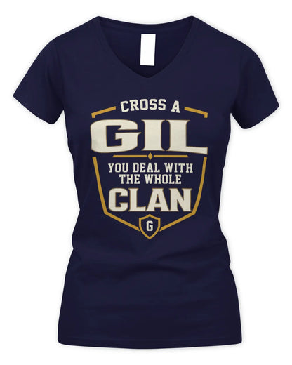GIL NT1-K008 Cross A/An NAME, You Deal With the Whole Clan | Personalized Vintage T-Shirt - Women's V-Neck T-Shirt - Navy