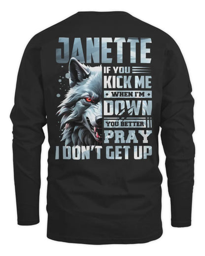 JANETTE AP62-K4-666 - Personalized Fierce Wolf Quote Apparel “If You Kick Me When I’m Down, You Better Pray I Don’t Get Up” - Men's Long Sleeved T-Shirt - Black