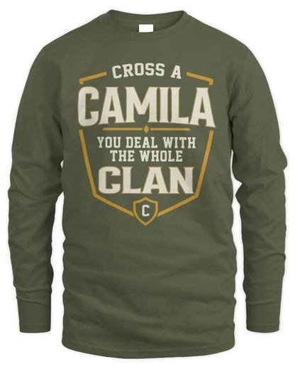 CAMILA NT1-K008 Cross A/An NAME, You Deal With the Whole Clan | Personalized Vintage T-Shirt - Men's Long Sleeved T-Shirt - Military Green
