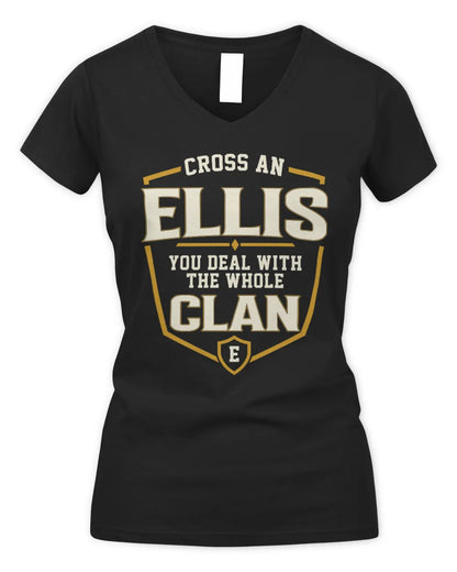 ELLIS NT1-K008 Cross A/An NAME, You Deal With the Whole Clan | Personalized Vintage T-Shirt - Women's V-Neck T-Shirt - Black