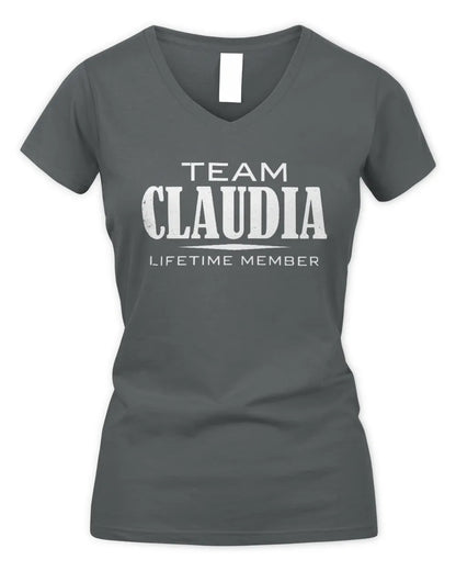 CLAUDIA BL62-K4-128 - Personalized “Team NAME Lifetime Member” - Women's V-Neck T-Shirt - Charcoal
