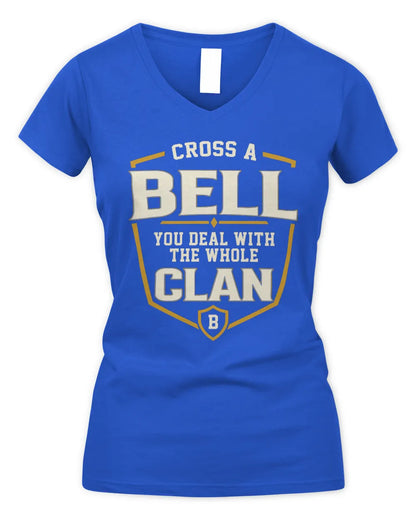 BELL NT1-K008 Cross A/An NAME, You Deal With the Whole Clan | Personalized Vintage T-Shirt - Women's V-Neck T-Shirt - Royal