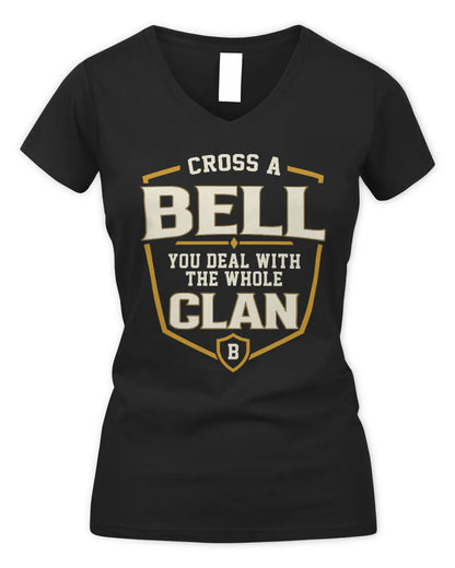 BELL NT1-K008 Cross A/An NAME, You Deal With the Whole Clan | Personalized Vintage T-Shirt - Women's V-Neck T-Shirt - Black