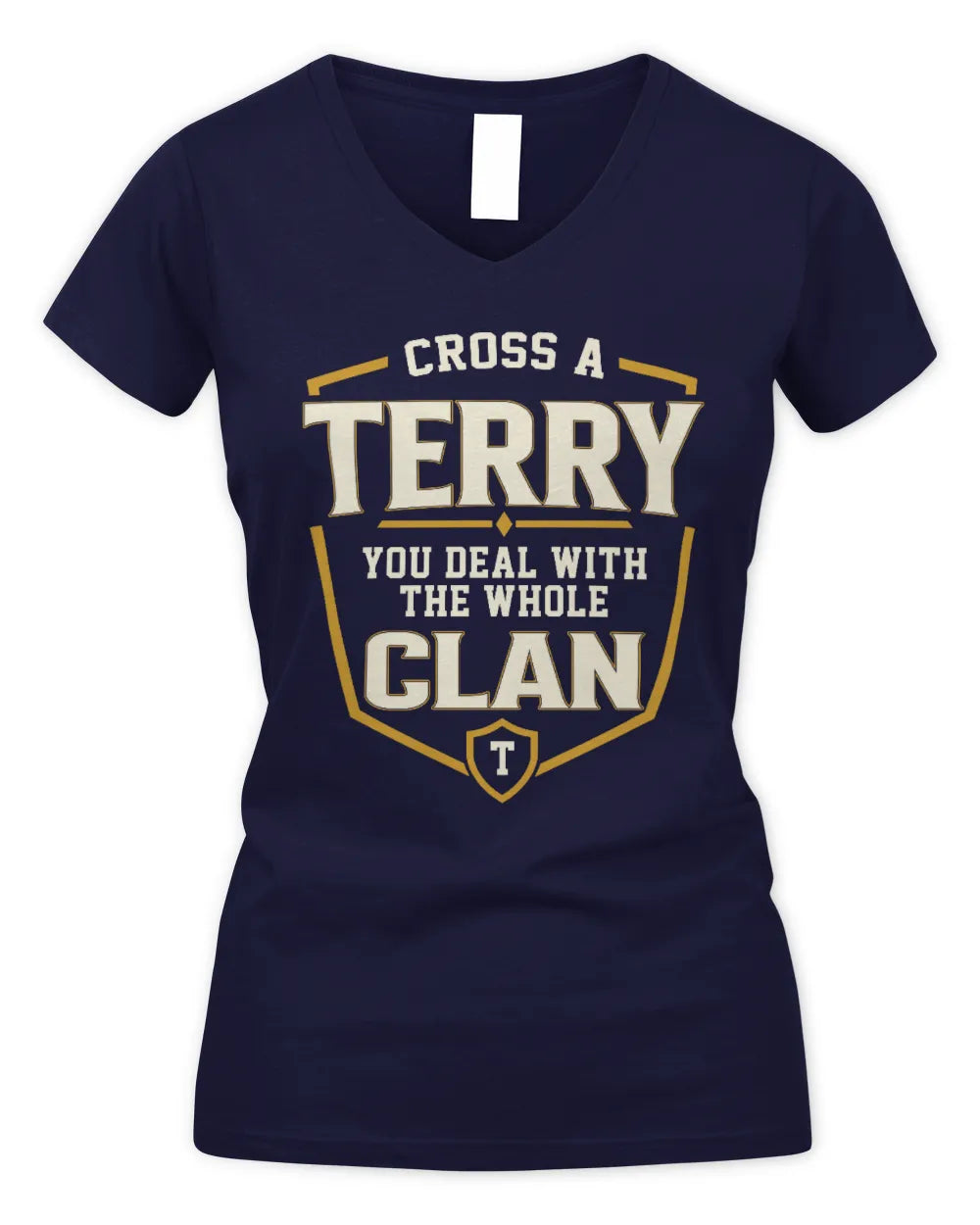 TERRY NT1-K008 Cross A/An NAME, You Deal With the Whole Clan | Personalized Vintage T-Shirt - Women's V-Neck T-Shirt - Navy