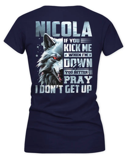 NICOLA AP62-K4-666 - Personalized Fierce Wolf Quote Apparel “If You Kick Me When I’m Down, You Better Pray I Don’t Get Up” - Women's V-Neck T-Shirt - Navy
