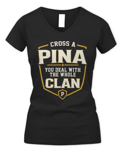 PINA NT1-K008 Cross A/An NAME, You Deal With the Whole Clan | Personalized Vintage T-Shirt - Women's V-Neck T-Shirt - Black