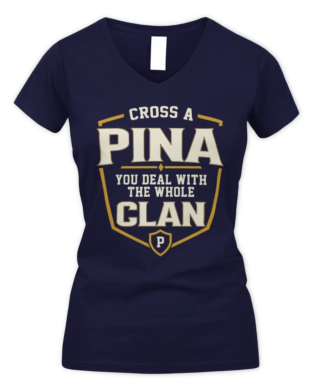 PINA NT1-K008 Cross A/An NAME, You Deal With the Whole Clan | Personalized Vintage T-Shirt - Women's V-Neck T-Shirt - Navy