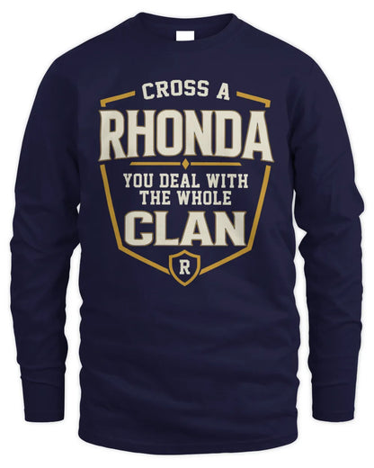 RHONDA NT1-K008 Cross A/An NAME, You Deal With the Whole Clan | Personalized Vintage T-Shirt - Men's Long Sleeved T-Shirt - Navy