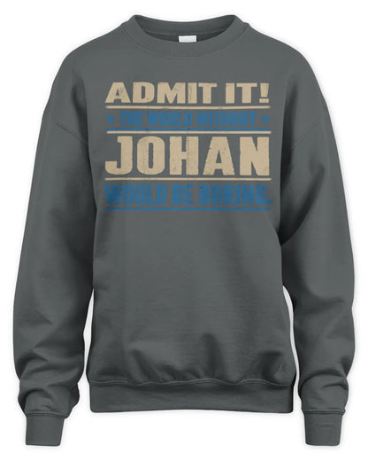 JOHAN TP68-K2-968 – Personalized Funny Quote Apparel “The World Without NAME Would Be Boring” - Unisex Sweatshirt - Charcoal