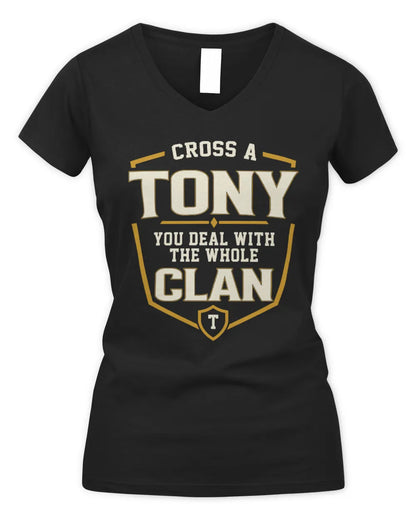 TONY NT1-K008 Cross A/An NAME, You Deal With the Whole Clan | Personalized Vintage T-Shirt - Women's V-Neck T-Shirt - Black