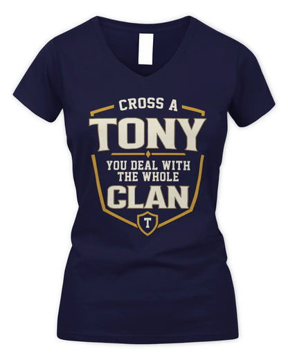 TONY NT1-K008 Cross A/An NAME, You Deal With the Whole Clan | Personalized Vintage T-Shirt - Women's V-Neck T-Shirt - Navy