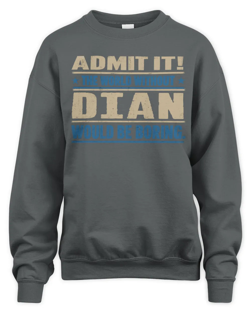 DIAN TP68-K2-968 – Personalized Funny Quote Apparel “The World Without NAME Would Be Boring” - Unisex Sweatshirt - Charcoal