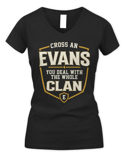 EVANS NT1-K008 Cross A/An NAME, You Deal With the Whole Clan | Personalized Vintage T-Shirt - Women's V-Neck T-Shirt - Black