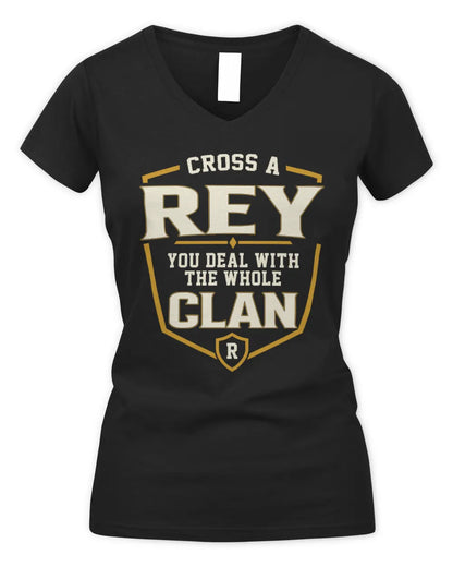 REY NT1-K008 Cross A/An NAME, You Deal With the Whole Clan | Personalized Vintage T-Shirt - Women's V-Neck T-Shirt - Black