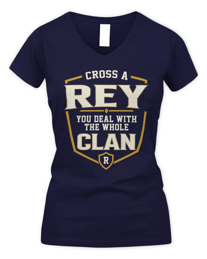 REY NT1-K008 Cross A/An NAME, You Deal With the Whole Clan | Personalized Vintage T-Shirt - Women's V-Neck T-Shirt - Navy