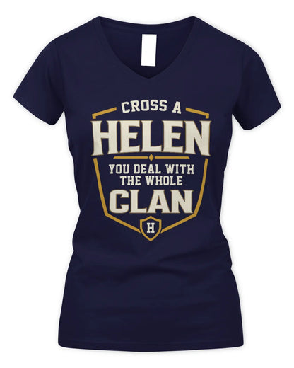 HELEN NT1-K008 Cross A/An NAME, You Deal With the Whole Clan | Personalized Vintage T-Shirt - Women's V-Neck T-Shirt - Navy