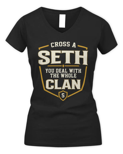 SETH NT1-K008 Cross A/An NAME, You Deal With the Whole Clan | Personalized Vintage T-Shirt - Women's V-Neck T-Shirt - Black