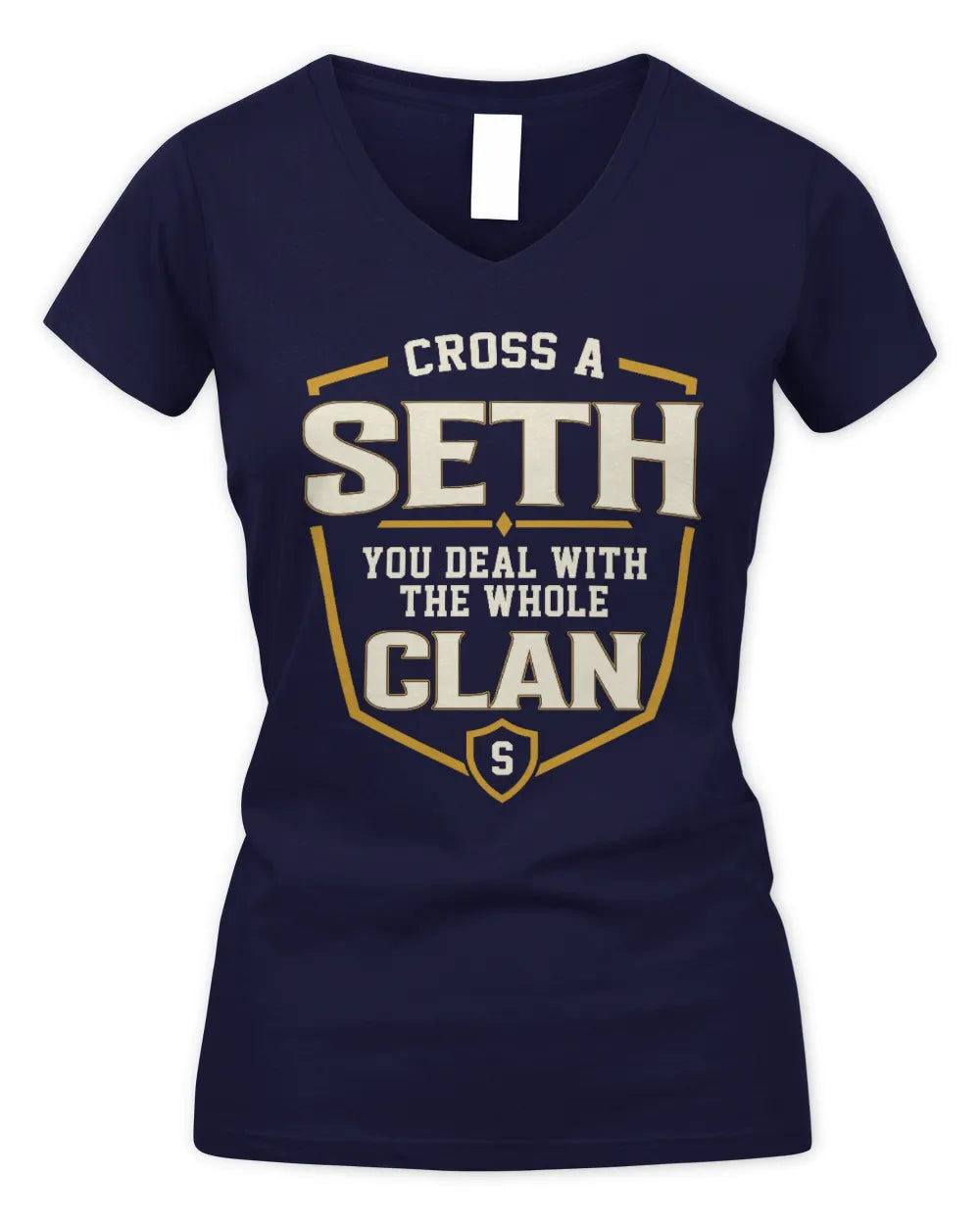 SETH NT1-K008 Cross A/An NAME, You Deal With the Whole Clan | Personalized Vintage T-Shirt - Women's V-Neck T-Shirt - Navy