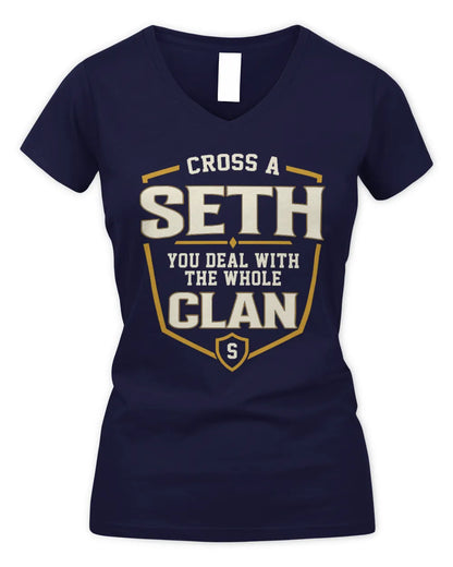 SETH NT1-K008 Cross A/An NAME, You Deal With the Whole Clan | Personalized Vintage T-Shirt - Women's V-Neck T-Shirt - Navy