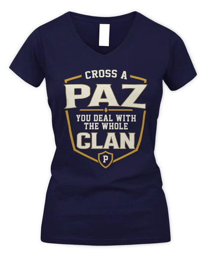 PAZ NT1-K008 Cross A/An NAME, You Deal With the Whole Clan | Personalized Vintage T-Shirt - Women's V-Neck T-Shirt - Navy