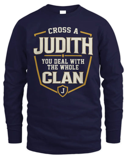 JUDITH NT1-K008 Cross A/An NAME, You Deal With the Whole Clan | Personalized Vintage T-Shirt - Men's Long Sleeved T-Shirt - Navy