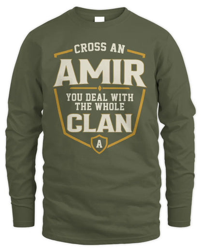 AMIR NT1-K008 Cross A/An NAME, You Deal With the Whole Clan | Personalized Vintage T-Shirt - Men's Long Sleeved T-Shirt - Military Green
