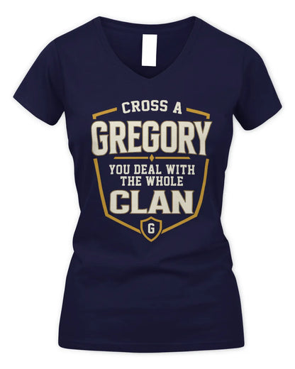 GREGORY NT1-K008 Cross A/An NAME, You Deal With the Whole Clan | Personalized Vintage T-Shirt - Women's V-Neck T-Shirt - Navy