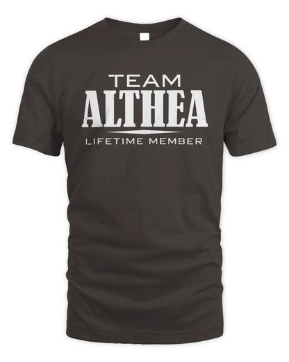 ALTHEA BL62-K4-128 - Personalized “Team NAME Lifetime Member” - Unisex Standard T-Shirt - Dark Chocolate
