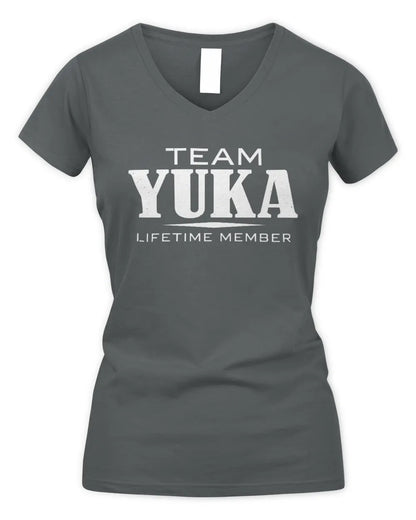YUKA BL62-K4-128 - Personalized “Team NAME Lifetime Member” - Women's V-Neck T-Shirt - Charcoal